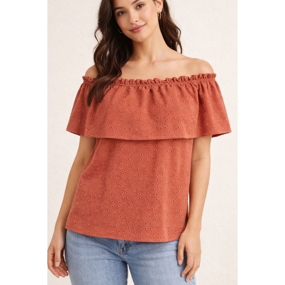 Wallflower Large Women's Boho Dusty Rose Eyelet Ruffle Top Stretchy Crop Shirt